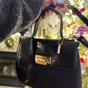 Lord & Taylor Black Croc-Embossed Satchel with Gold Accents